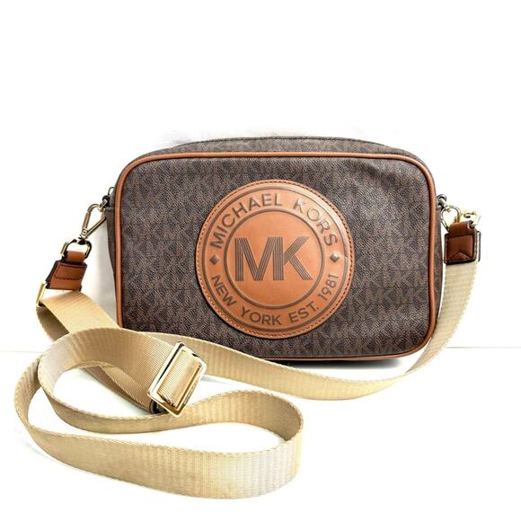 Michael Kors Brown & Tan Fulton Sport Monogram Medium Crossbody Bag Purse - Picture 1 of 12